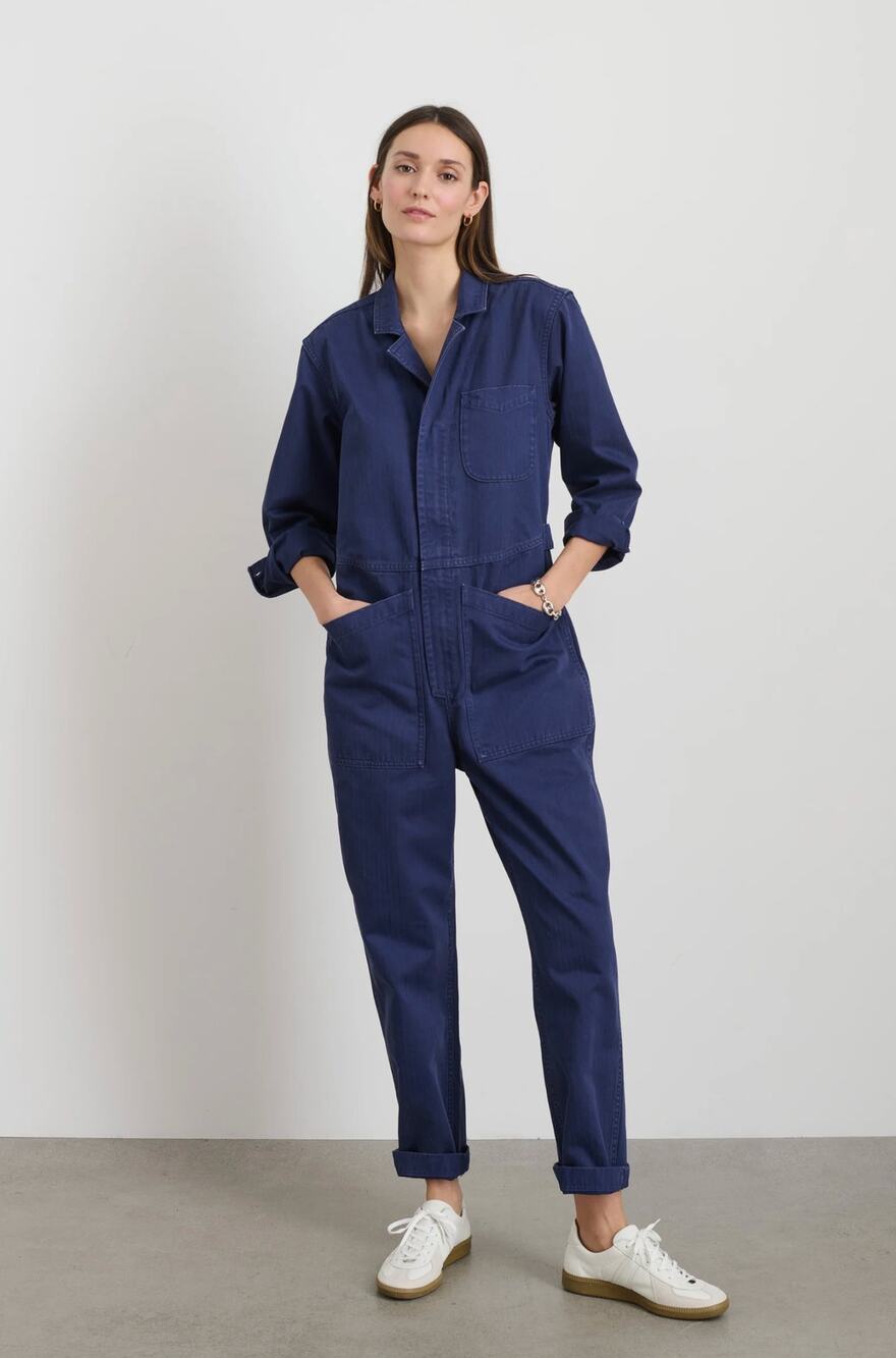 Alex Mill Standard Zip Jumpsuit Herringbone Midnight Blue Cotton One Piece M
